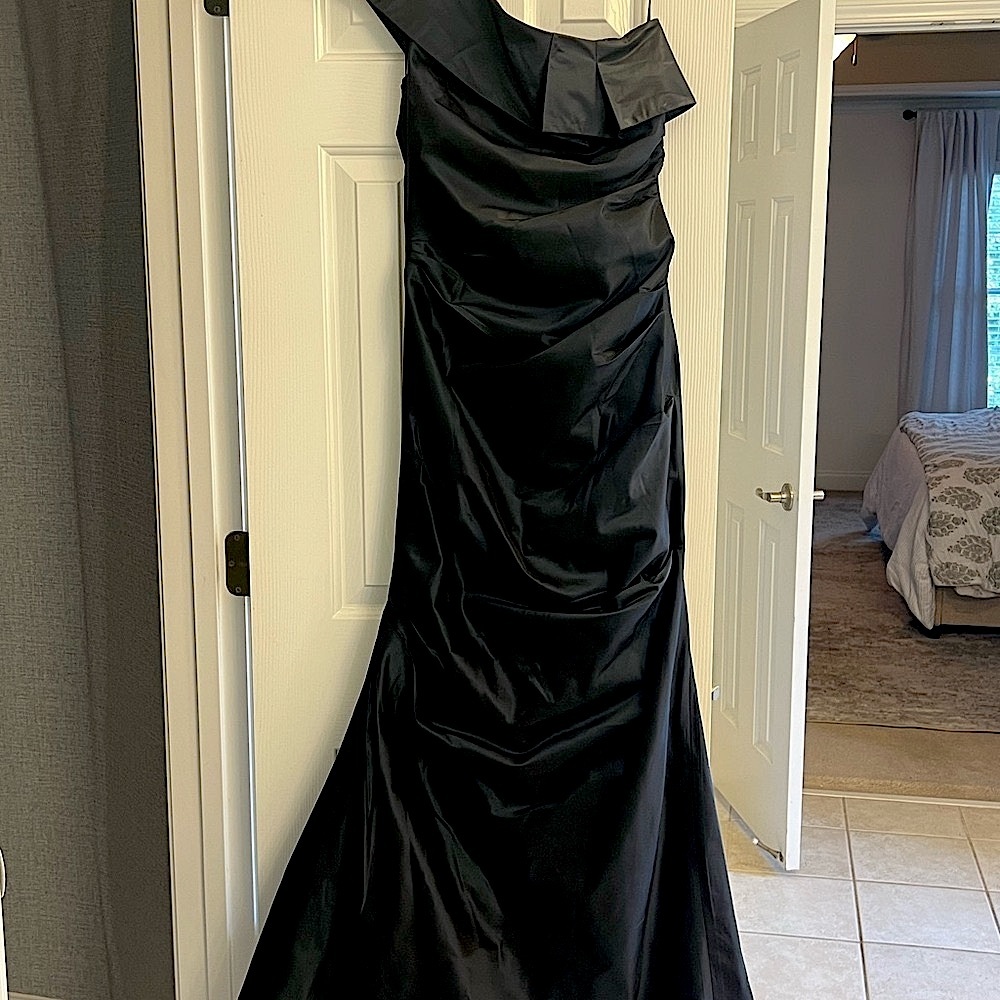 Teri Jon Blue Ruched One Shoulder Gown